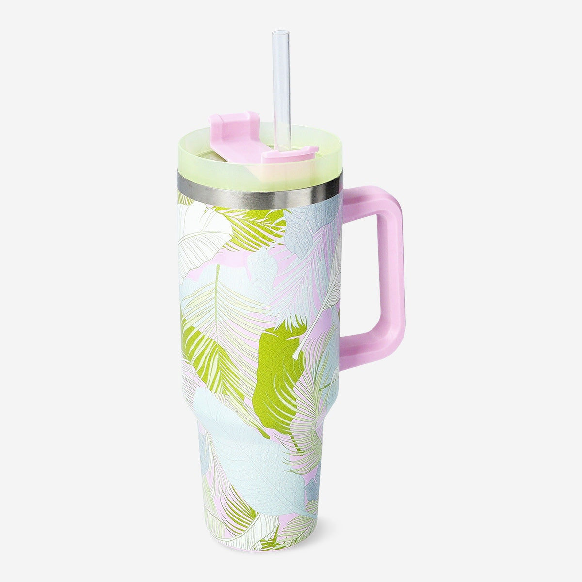 Palm leaves printed tumbler with lid and straw - 1200 ml Kitchen Flying Tiger Copenhagen 
