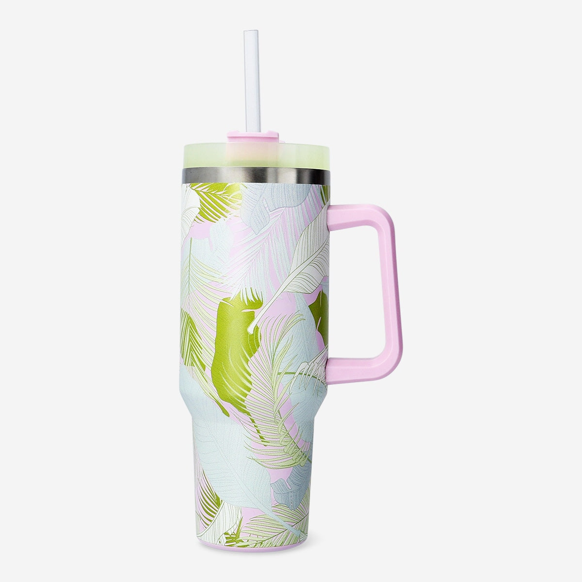 Palm leaves printed tumbler with lid and straw - 1200 ml Kitchen Flying Tiger Copenhagen 